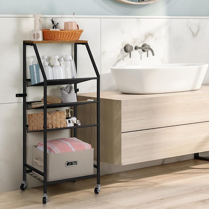 Bathroom Towel Stand Freestanding 5 Tier Metal Utility Rolling Cart with Storage for Home Kitchen Living Room Office, Rustic Brown