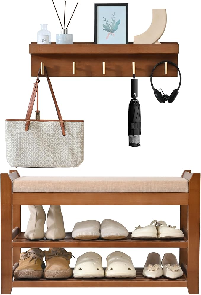 Shoe Rack for Front Door Entrance, 28” Entryway Bench with Coat Rack, Hall Tree Shoe Bench with Storage for Entry, Hallway, Bedroom, Living Room-NeatNest