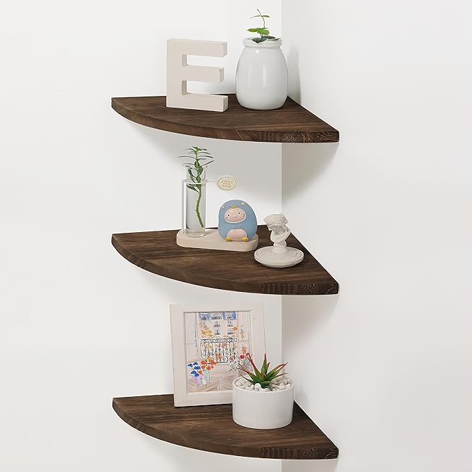 Corner Wall Shelves, Wood Corner Floating Shelves with Cable Raceway, Wall Mount Storage Display for TV Accessories, Monitor, Speaker (Carbonized Dark Brown, Fan-Shaped- 10 Inch)-NeatNest