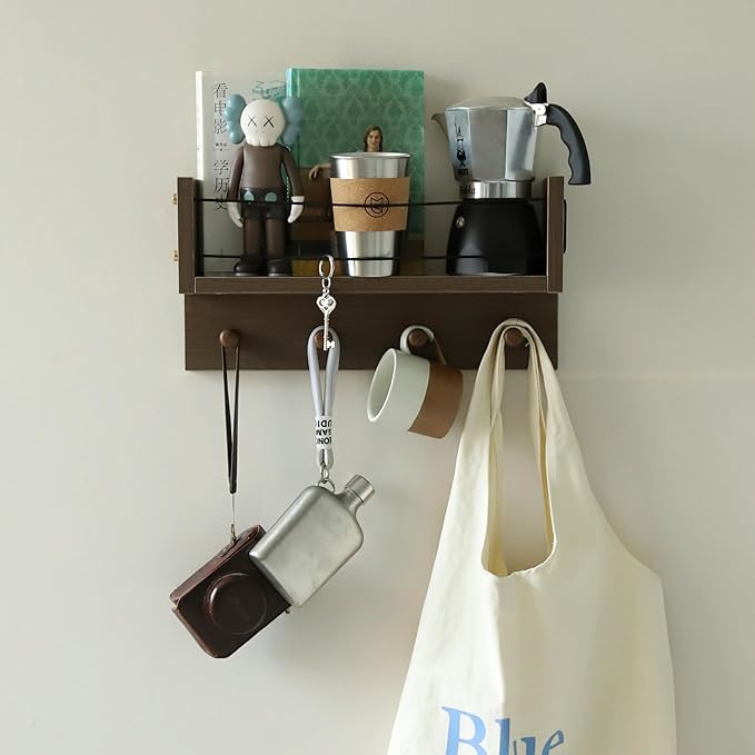 Entrance Coat Rack ,Coat Hooks, Wall-Mounted Wooden Hook Rack, Wall-Mounted Shelves are Very Suitable (Walnut Colored Finish-A)