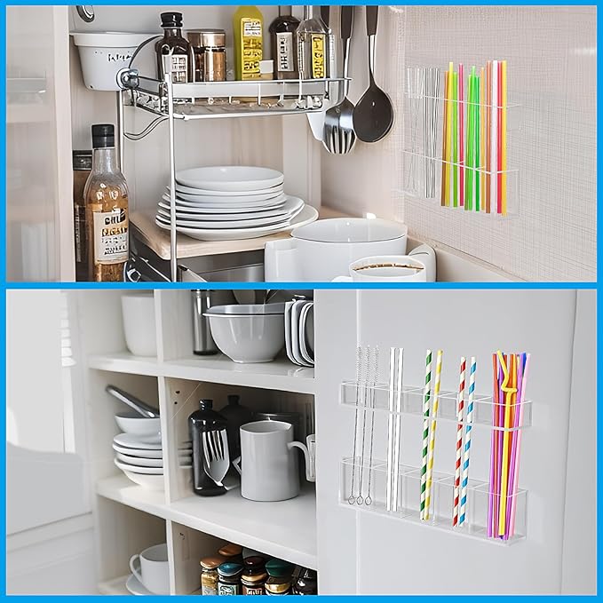 9.5" Acrylic Straw Holder for Cabinet Door,Cabinet Straw Holder Organizer with Double Sided Adhesive Tape and Sticker,Reusable Tumbler Organizer Storage for Kitchen Counter Cupboard