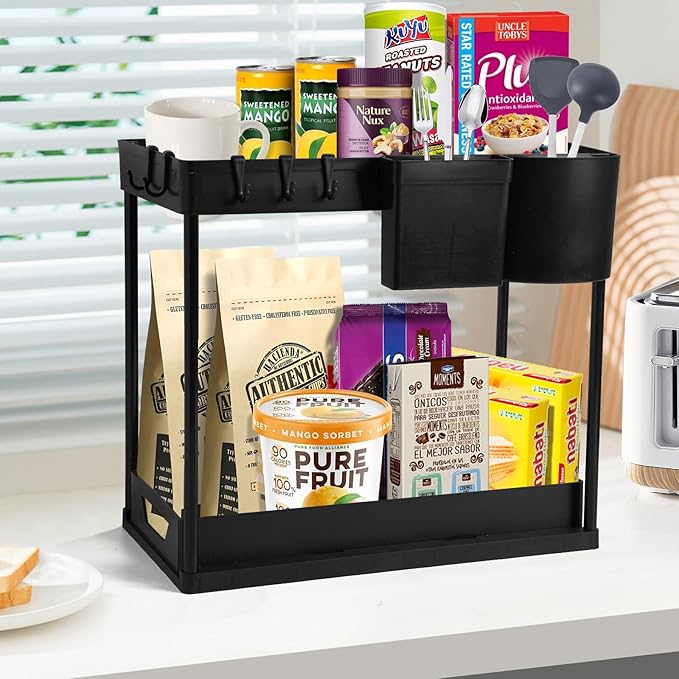 Under Sink Organizers Rack, 2 Tier Under Kitchen Organizer with Sliding Basket and Hooks, Multi-Purpose Bathroom Cabinet Organizers (Black)-NeatNest