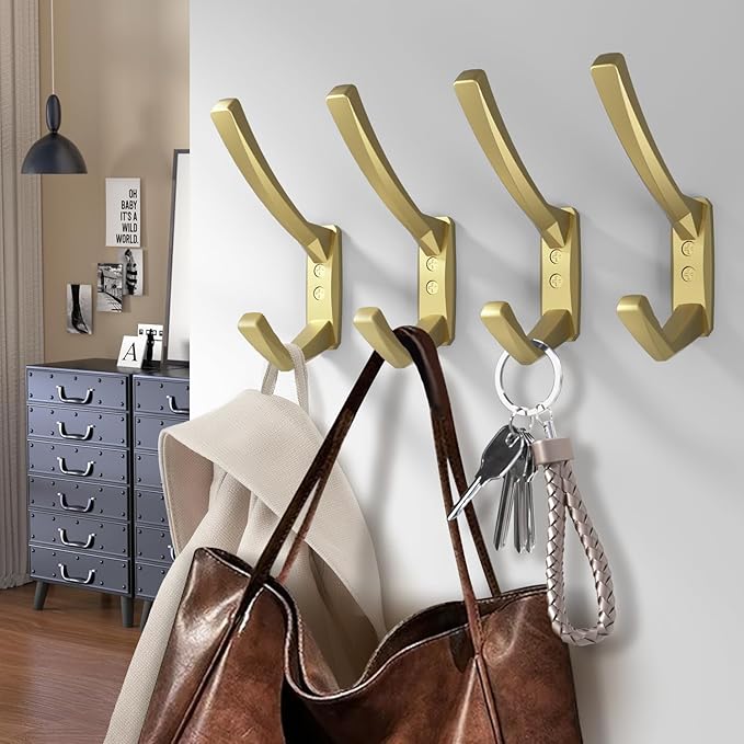 Heavy Duty Wall Hooks, 5.7 Inch Large Coat Hooks, 6 Packs Towel Hooks for Hanging in Bathroom, Bedroom, Entryway, Kitchen, etc (Gold, 6 Pack)