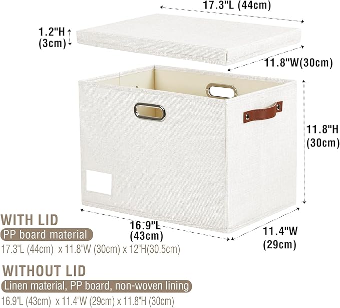 17" Large Collapsible Storage Bins with Lids, Stackable Closet Organizers with PU Handle and Labels, 3-Pack Decorative Fabric Storage Boxes for Home, Bedroom, Closet, Office, Nursery(White)-NeatNest