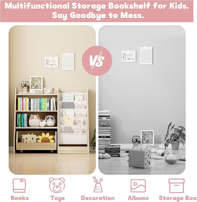 COZPAW Kids Bookshelf and Toy Storage, 4 Tier Toddler Bookshelf with Movable Drawer 5 Sling Pockets, Montessori Book Shelf for Kids Room, Playroom, Nursery (Oak)-NeatNest