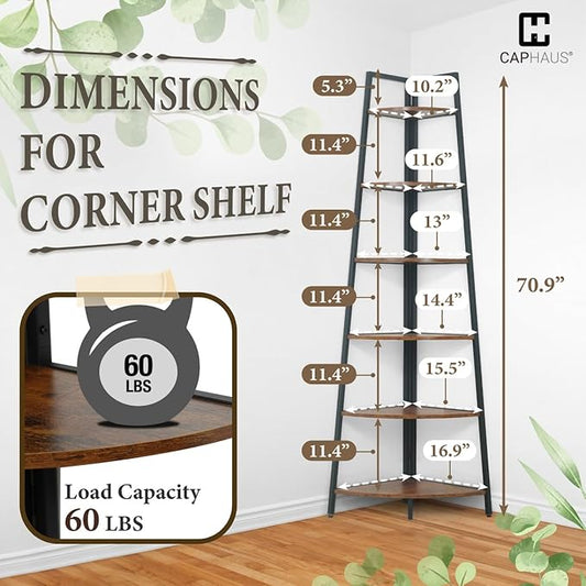 CAPHAUS Tall Corner Shelf Stand, 6-Tier Display Shelves, Ladder Corner Wood Storage Plant Bookshelf with Metal Frame, Versatile Shelving Unit Bookcase for Home Office Space, Rustic Oak-NeatNest