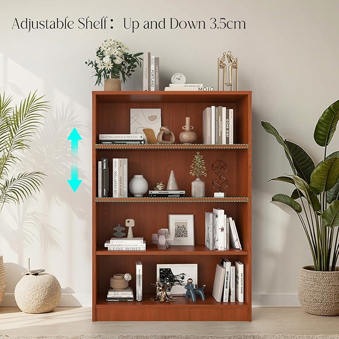 Farini 48 Inch Tall 4-Shelf Bookcase, Wood Bookshelf Storage Organizer Adjustable Shelf for Home Office, Study Room, Easy Assembly,Cherry