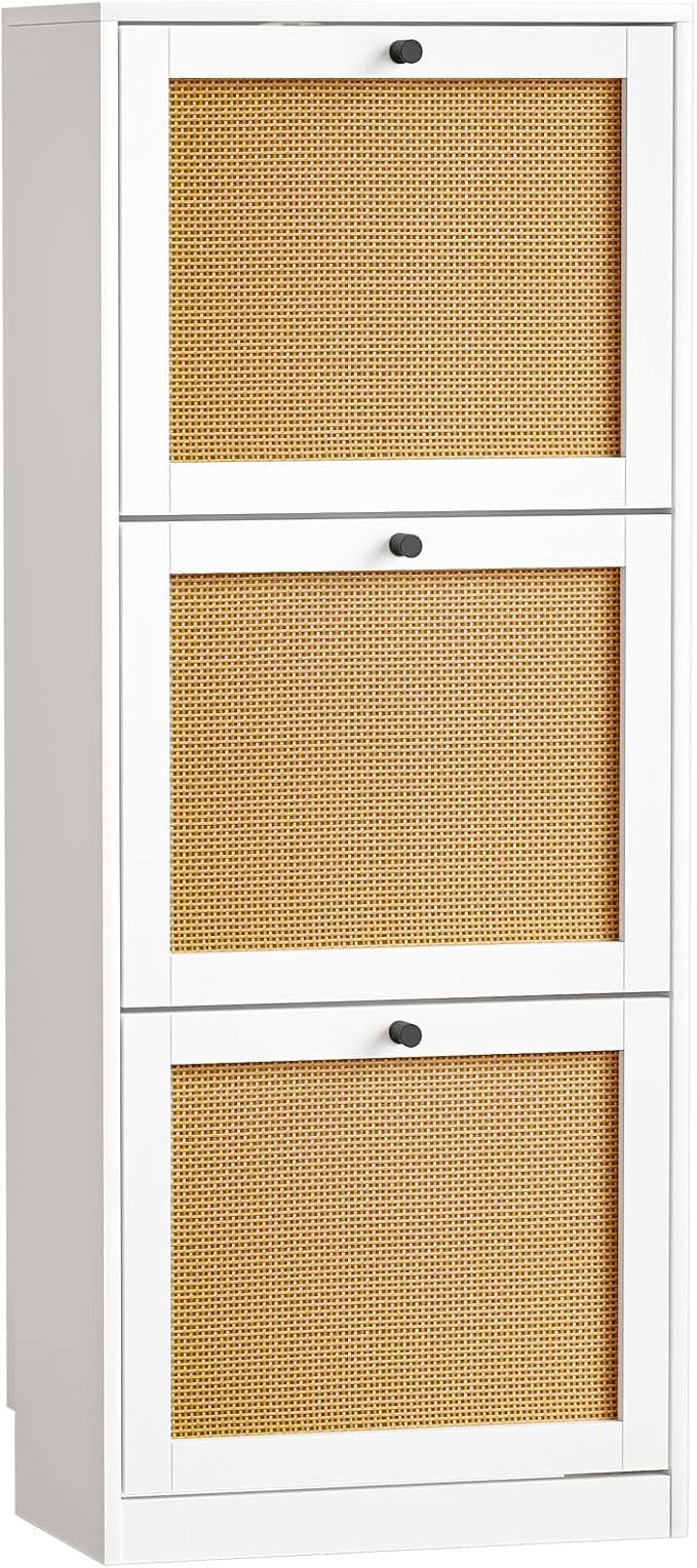 Rattan Shoe Cabinet with 3 Flip Drawers,Narrow Shoe Rack Cabinet with Adjustable Shelves,3 Tier Shoe Storage Organizer for Hallway,Entrance,White-NeatNest