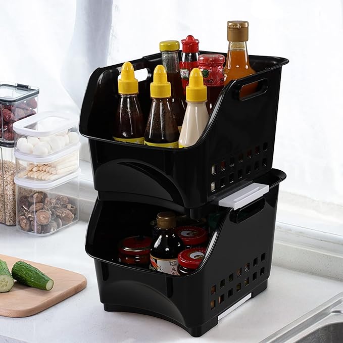 Readsky 3 Tier Plastic Kitchen Stacking Shelf Basket, Open Front Stacking Storage Bins