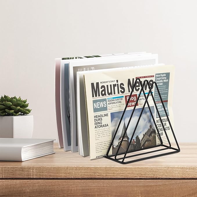 COSYAWN Triangle 7 Slot Vinyl Record Holder, Anti-Rust Metal Magazine Album Display Rack Desktop File Sorter Organizer, Paper Letter Newspaper Storage for Home Office, Black 2 PACK