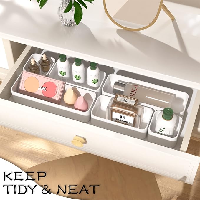 CHANCETSUI 6 PCS Stackable Drawer Organizers Set, Versatile Desk and Vanity Drawer Organizer Trays, Storage Bins for Makeup, Bathroom, Bedroom, Kitchen and Office, White-NeatNest