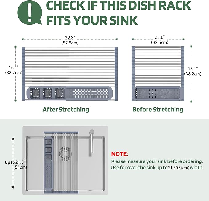 BBXTYLY Expandable Roll Up Dish Drying Rack,Over The Sink Drying Rack Kitchen Sink Accessories Rolling up Stainless Steel Drainer, Foldable with Removable Utensil Holder(Gray Expandable Width Size)