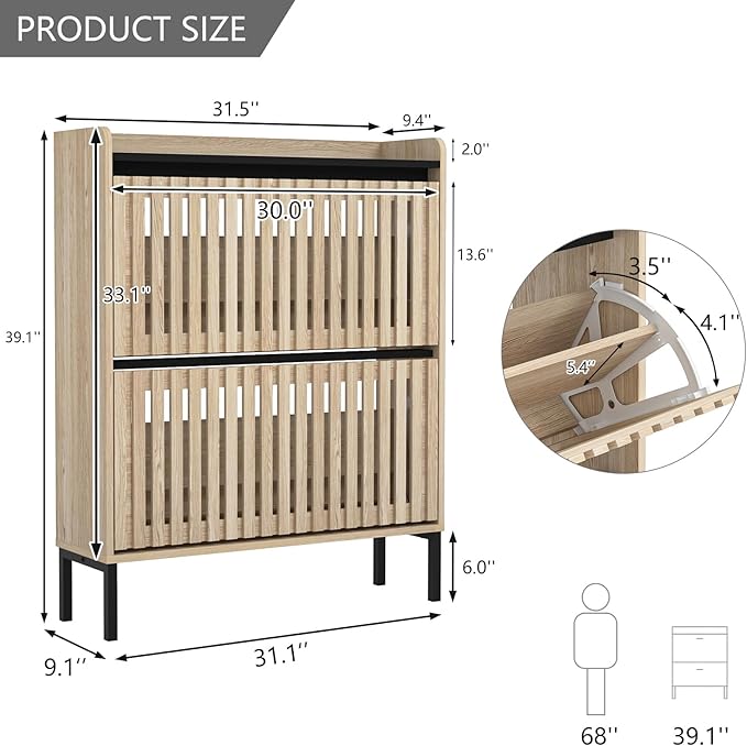 Vibe & Dine 2 Flip Drawer Shoe Cabinet, Narrow Shoe Organizer with Metal Legs, Freestanding Shoe Storage Cabinet for Entryway Slim, Wood Shoe Rack Cabinet for Hallway, Bedroom-NeatNest