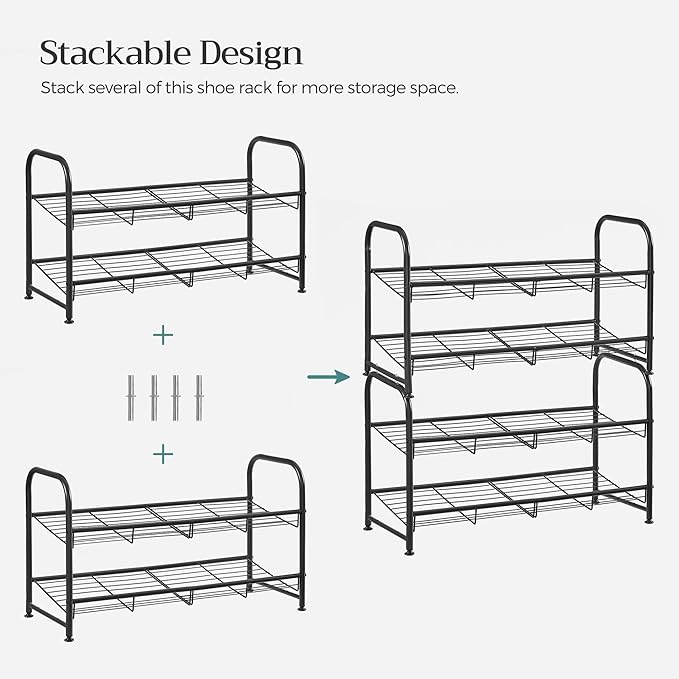 SONGMICS Shoe Rack, 2 Tier Shoe Organizer for Closet, Holds up to 8 Pairs of Shoes, Shoe Rack for Front Door Entrance, Metal Shoe Shelf with Adjustable Tilt Angle, for Entryway, Garage, Black-NeatNest
