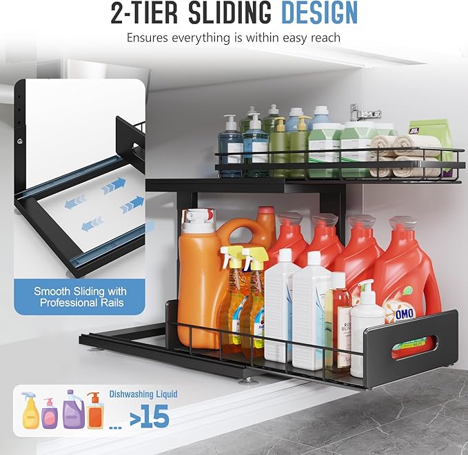 2 Pack 18 IN Depth Under Sink Organizer with Smooth Ball Bearing Slides,2-Tier Pull Out Cabinet Storage,Slide Out Drawers for Bathroom&Kitchen,Rust-resistant Coating,Height Adjustable-Black-NeatNest