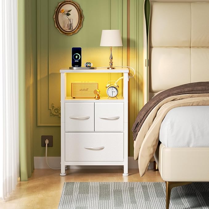 Furnulem Night Stand with Charging Station, LED, USB Ports and Outlets, Bedside Table with Fabric Bins, Nightstand with Open Shelf, Small Storage Side Table for Bedroom (3 Drawer, White)