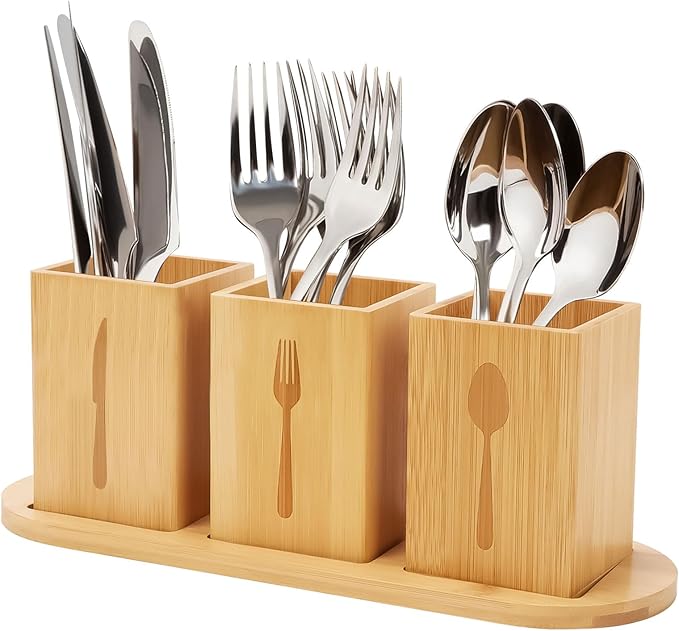 3Pcs Silverware Caddy for Patry, Utensil Holder for Countertop, Silverware Holder Flatware Organizers with tray, Portable Organizer with Wood Tray, Spoon and Fork Holder (Bamboo wood)-NeatNest