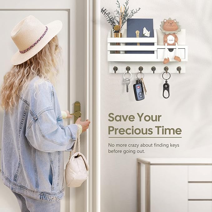 FifthQuarter Key and Mail Holder for Wall, Mail Organizer Wall Mount with 6 Hooks and Storage Drawer, Easy Installation Key Rack for Entryway and Home Decor (A-White)