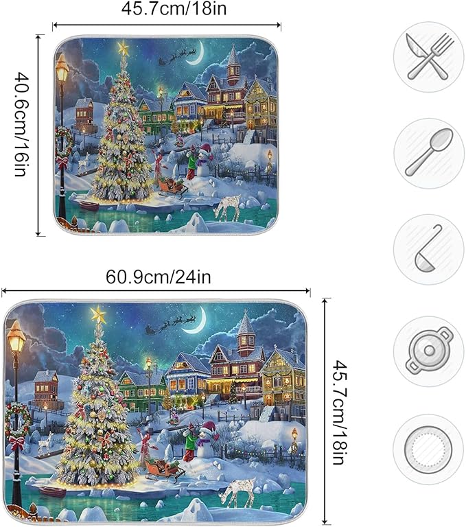 Absorbent Dish Drying Mat Christmas Tree Kitchen Counter Mat Protector,Reversible,Medium 18 x 16 Inches