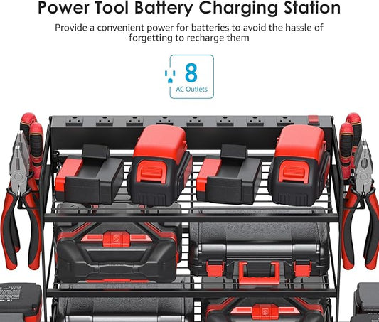 CCCEI Garage Tools Storage with Charging Station. Power Tool Battery Organizer Utility Shelf with Power Strip. 4 Drills Holder Wall Mount Rack, Black 3 Layer.-NeatNest