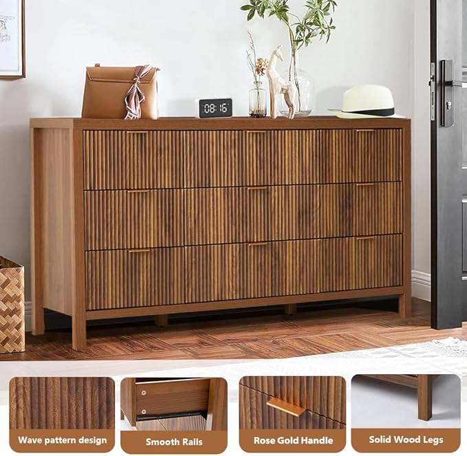 9 Drawer Dresser Cabinet, Long Nightstand with Drawers and Storage Cabinet, Farmhouse Solid Wood Dresser TV Stand, Mid Century Modern Nightstand with 9 Drawer Side Table for Bedroom Closet (Walnut)