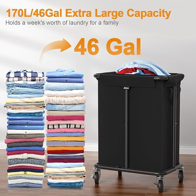 Laundry Basket with Wheels, Rolling Laundry Hamper, 46 Gallons (170L), Removable and Machine Washable Liner, Steel Frame, Large Laundry Cart for Laundry Room, Bedroom, Bathroom, Dorm - Black
