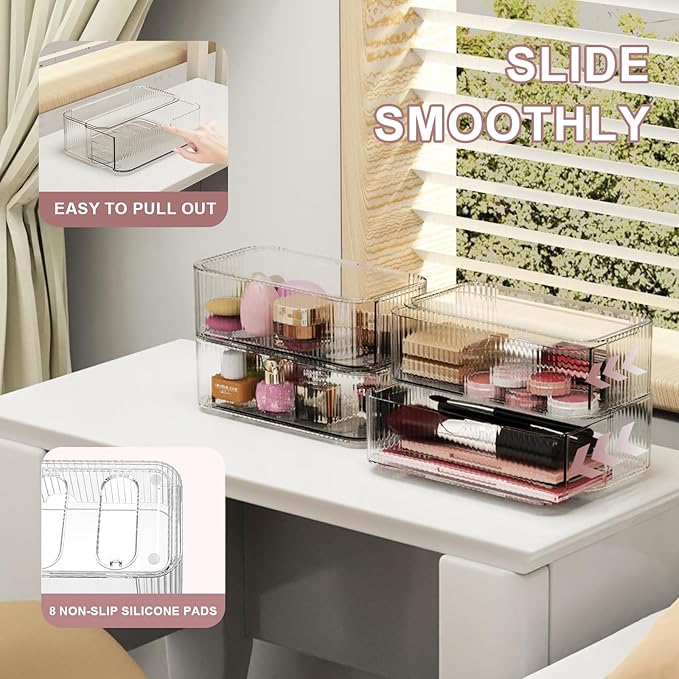 4 Pack Stackable Storage Drawers, Clear Acrylic Makeup Organizer for Vanity, Plastic Storage Bins, Multi-Purpose Cosmetic Display Organizers for Jewelry, Bathroom, Office, Pantry, Home Organization-NeatNest