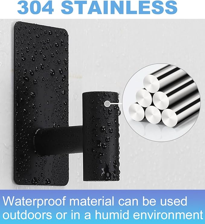 4 Pcs Towel Hooks Heavy Duty for Hanging,Adhesive Wall Hooks with Removable Strips,Sticky No Damage,Outdoor for Bathrooms,Shower,Stockings,Decor,Robe,Large,Black 304 Stainless Steel