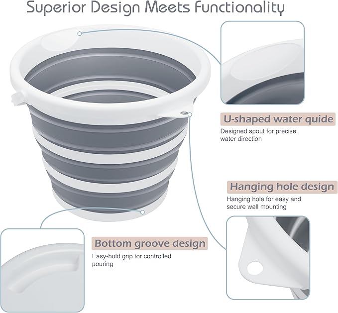 2 Pack Collapsible Bucket, 2.6 Gallon (10L) - Foldable Mop Bucket for House Cleaning, Car Washing, Camping - Portable Water Pail for Outdoor, RV, Travel (Grey, Round)-NeatNest