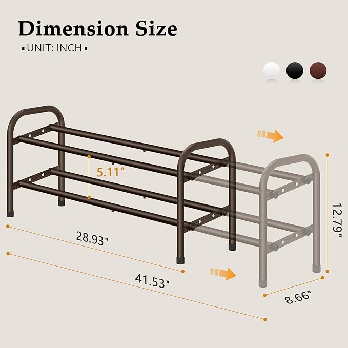 2 Tier Shoe Organizer, Shoe Rack for Closet, 28“ Metal Shelf Can Expandable to 42“, for Bedroom, Entryway, Closet, Garage, Adjustable to 12 Pairs Shoes, Rustic Brown-NeatNest