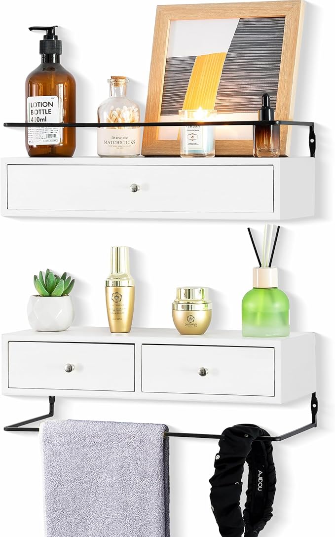 Floating Shelves for Wall Storage, Wall Mounted Bathroom Shelf with Drawers Set of 2, Rustic Wood Wall Shelves for Bedroom, Living Room, Kitchen, Home Decor, Plants, Books-NeatNest