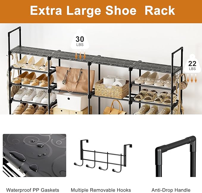 WOWLIVE 4 Row 10 Tiers Extra Large Shoe Rack 72-80 Pairs Big Tall Metal Shoe Shelf, Heavy Duty Organizer for Closet Entryway, Boot Rack Storage Stackable Stand for Garage Black-NeatNest