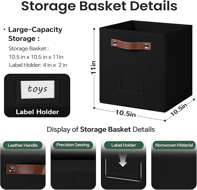 6-Pack Collapsible Fabric Storage Cubes with Handles & Label Holders, Closet Cube Home Organizer Bins (Black, 10.5*10.5*11 inch)