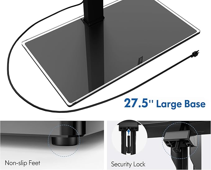 FITUEYES Universal TV Stand with Power Outlets for 50-85 inch TVs, Swivel&Height Adjustable Tall TV Stand for Bedroom Living Room, 27.5''Large Tempered Glass Base Holds up to 143 lbs.