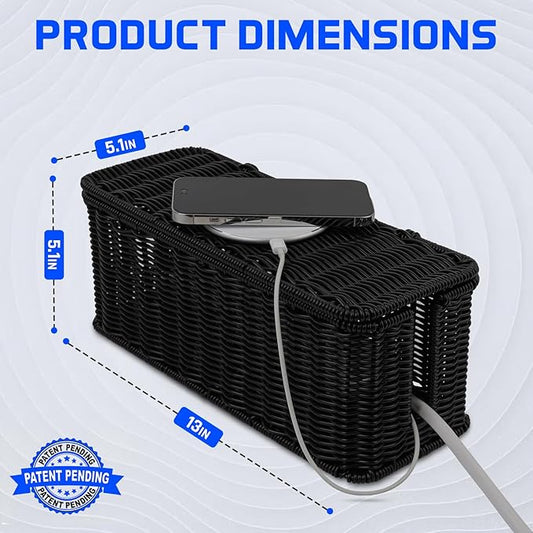 Cable Management Box, Handmade Rattan Cable Organizer, 2 Open Slots Cords Hider Box, Under Desk Cord Organizer for Computer Router USB Hub & Power Strip, Patent Pending, 13" x 5.1" x 5.1", Black-NeatNest