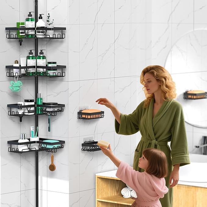 Tension Pole Shower Caddy Corner - 4 Tier Floor to Ceiling Bathroom Shower Organizer 25-112.4 inch Adjustable, Multiple Hooks, 2 Extra Soap Holders, Stable Base, Rustproof, Black