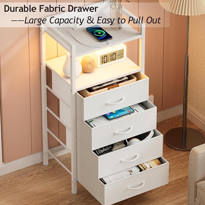 Furnulem White Nightstand with Charging Station, Night Stand Side Table with Led Light, Tall Dresser for Bedroom with 4 Fabric Storage Drawers, Metal Frame, Wood Shelf(White)