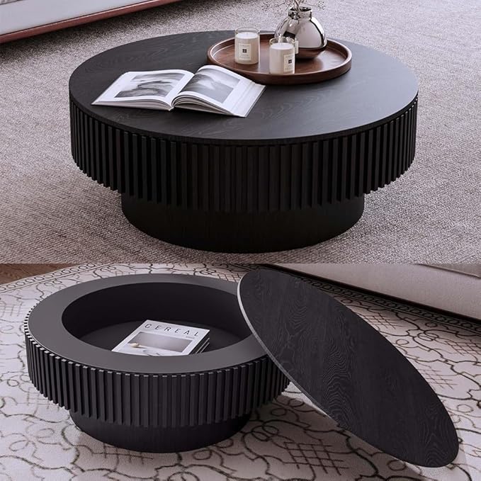 31.5'' Black Round Coffee Table with Storage Living Room Modern Circle Coffee Table with Pedestal Center Tables Fluted Accent Tea Tables for Apartment