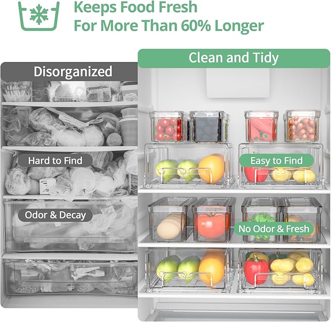 14Pack Fridge Organizer Bins, Clear Refrigerator Organizing Containers with Lids and Refrigerator Drawers, Stackable Food, Vegetable and Fruit Containers for Fridge Organizers and Storage