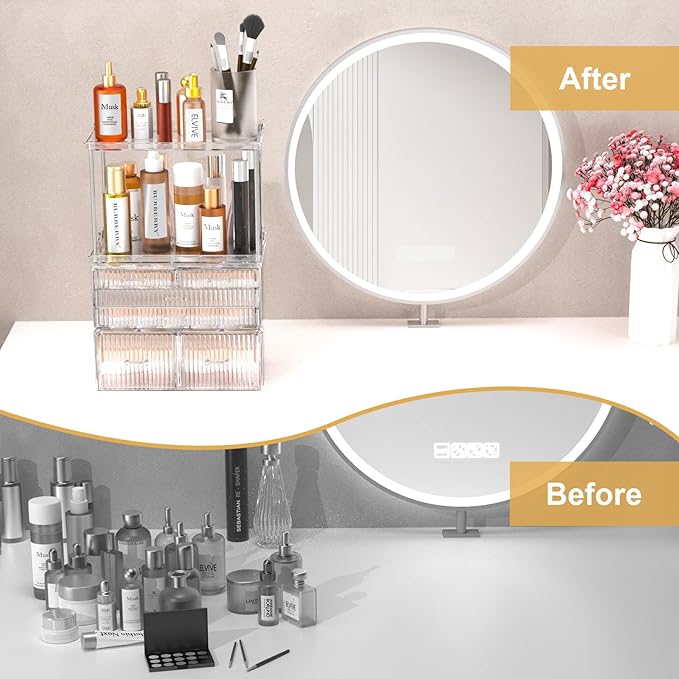 2-Tier 5-Drawer Bathroom Countertop Organizer : Multi-Purpose Makeup Organizer Countertop - Large Skincare Holder Exquisite Vanity Tray - Perfume & Skincare Storage Amber Clear-NeatNest