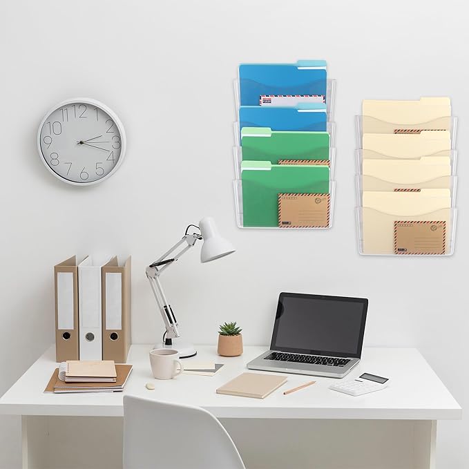EASEPRES 8 Pack Clear Single Pocket Hanging File Organizer, Plastic Wall Mount Paper Mails Magazines Holder, Mounted Folder Bins for Office, School and Home, 13.85x3.14x6.88 inches