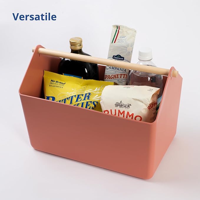 BLUE GINKGO Large Storage Basket – Plastic Caddy with Wooden Handle for Bathroom, Pantry, or Cleaning Supplies (Terracotta)-NeatNest