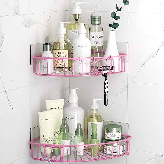 Orimade Corner Shower Caddy with 2 Hooks Wall Mounted Metal Bathroom Shelf Storage Organizer Adhesive No Drilling 2 Pack, Pink Only for 90-Degree Corner