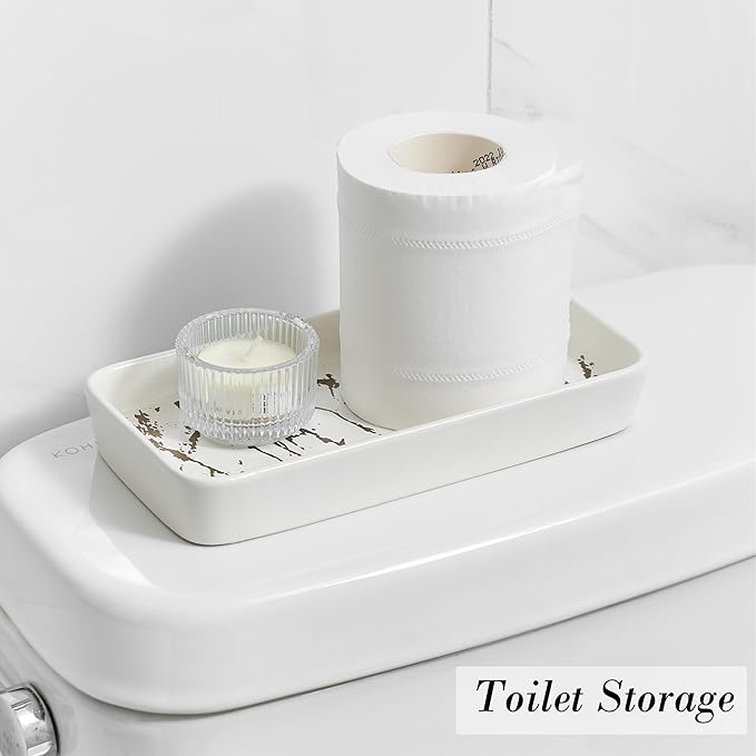 Bathroom Vanity Tray for Countertop,2PC Rectangle Marble Tray Set,Decorative Bathroom Organizer for Scrubber, Lotion Bottles, Perfume, Jewelry, Candle, Key Trinket Ring(Small,White)-NeatNest