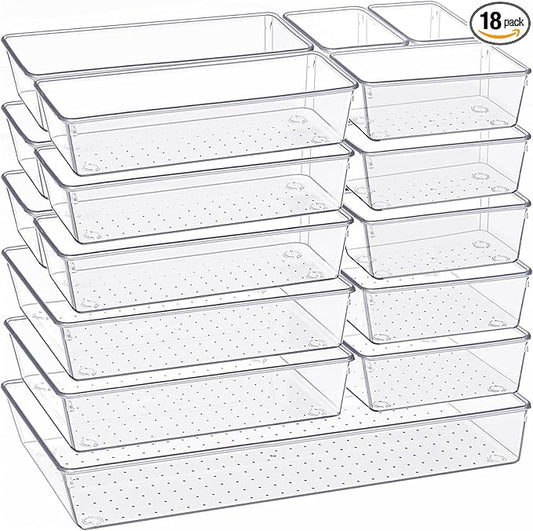 Criusia Drawer Organizer, 18 Pack Large Clear Plastic Kitchen Drawer Organizers Set, 6 Size Versatile Bathroom and Vanity Drawer Organizer Trays, Storage Bins for Makeup, Bedroom, Kitchen Utensils-NeatNest