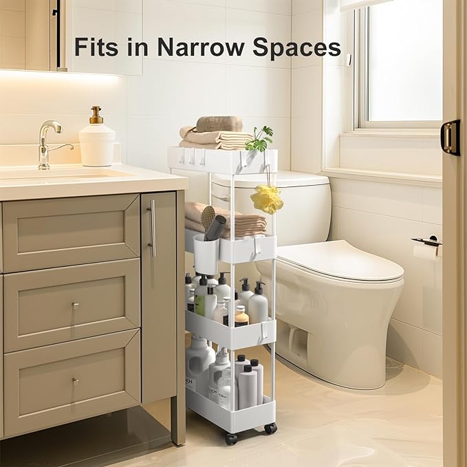Pipishell Slim Storage Cart with Wheels, 4 Tier Bathroom Storage Organizer Rolling Utility Cart for Bathroom Kitchen Laundry Room Office Narrow Place (White)-NeatNest