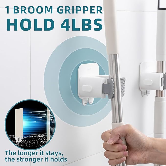 TAILI Mop and Broom Holder Wall Mount Grippers, 3 Hangers and 8 Adhesive Strips, Damage Free Hanging Wall Mount, Household Cleaning Organizer for Organization and Storage, Holds up to 4 lbs, Grey-NeatNest