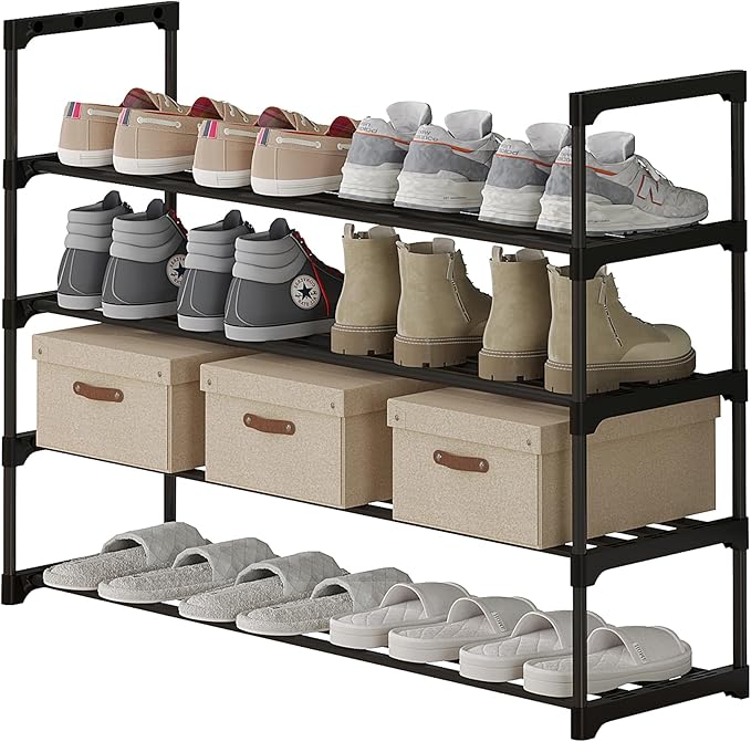 Calmootey 4-Tier Shoe Rack, Tall Large Capacity 20 Pairs Shoes Storage Organizer, Stackable Wide Shoe Shelf for Entryway, Hallway, Black-NeatNest