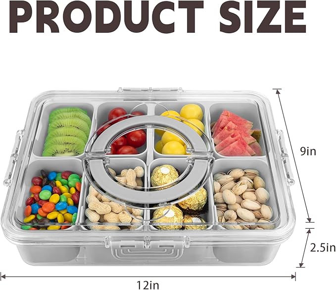 Divided Serving Tray with Lid and Handle,8 Compartments Snacks Box,Snack Fruit and Veggie Tray,Portable Platter for Candy Fruits Nuts Snack Party Entertaining Picnic (2 PCS Grey)-NeatNest