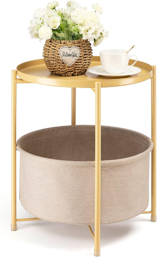 danpinera Round Side Table with Fabric Storage Basket, Metal Side Table Small Bedside Nightstand with Removable Tray Top for Living Room, Bedroom, Nursery, Laundry, Pale Yellow-NeatNest